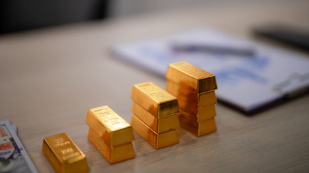 Solid gold ingots signify wealth building strategies. Financial security through precious metals offers investment protection. Asset value increases with economic stability.の写真素材
