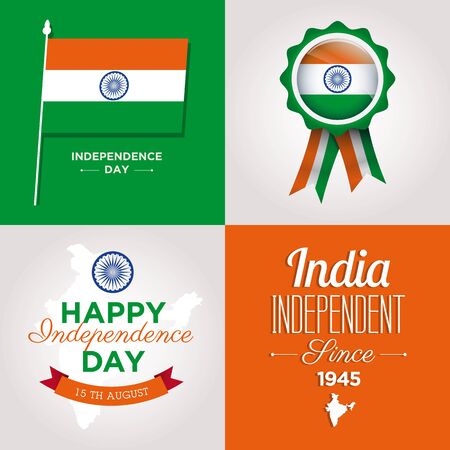 happy independence day india cards with fonts, map, flag and ribbon