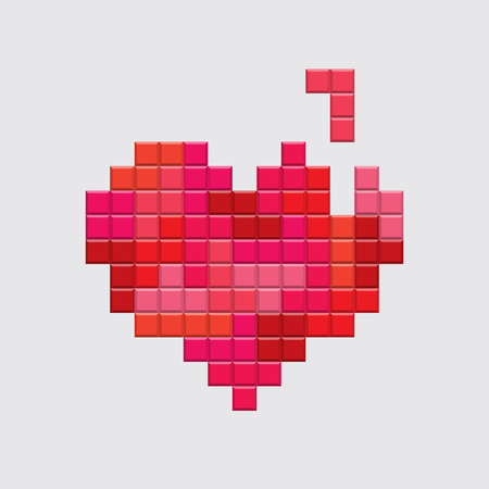 Valentines day card. Video game tetris red heart. Retro vintage design. Editable vector.