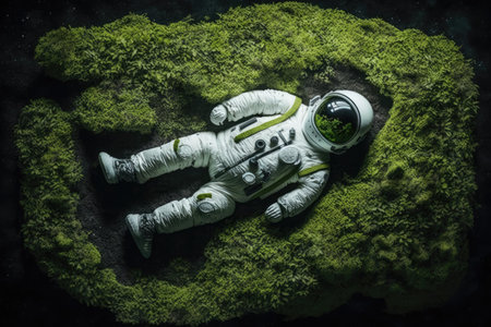 Astronaut floating on green planet. Mixed media. mixed mediaの素材