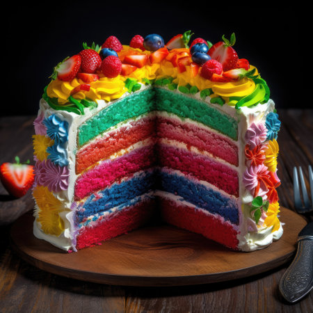 Rainbow cake with berries on a wooden table. Selective focus.の素材