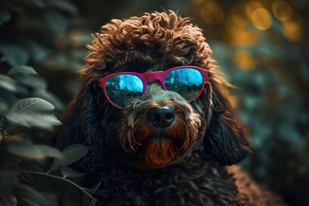 cute dog with sunglasses in the park. close-up portraitの素材