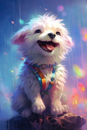 White Maltese dog sitting on a rock in the rain. Illustrationの素材