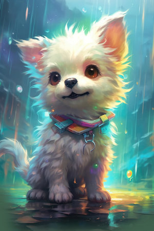 White chihuahua puppy in the rain. Digital painting.の素材