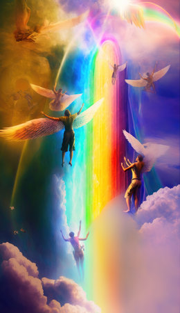 angel and rainbow. Conceptual image of heaven. 3D renderingの素材