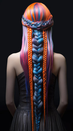 Female mannequin with multicolored braids on black backgroundの素材