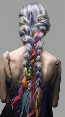 Colorful braids in a mannequin on a gray backgroundの素材