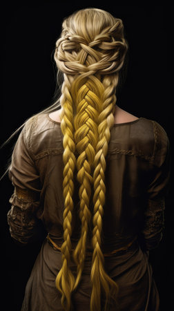 Young woman with braided hair on black background. Back view.の素材