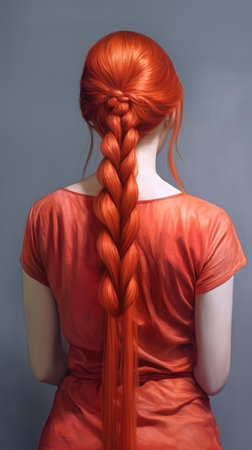 Portrait of a beautiful red-haired girl with long braids on a gray backgroundの素材