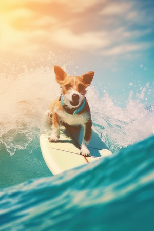 Cute dog standing on surfboard in ocean. surfing conceptの素材