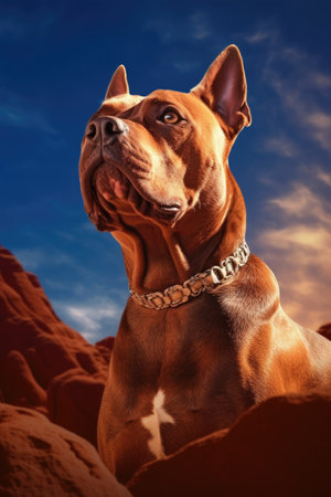 Portrait of a Rhodesian Ridgeback dog on a background of red rocksの素材