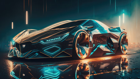 3D rendering of a brand-less generic concept car in neon lightの素材