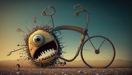 Vintage bicycle with monster in the middle of the desert. 3d renderingの素材