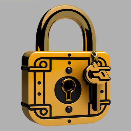 Padlock with key isolated on gray background. 3D rendering.の素材