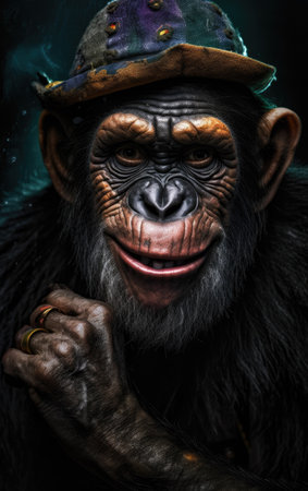 Portrait of a chimpanzee in a hat on a dark backgroundの素材
