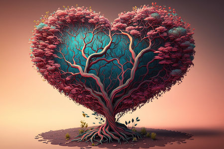 Heart shaped tree with roots. 3D illustration. Toned.の素材