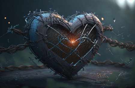 3D rendering of a heart with barbed wire on a dark backgroundの素材