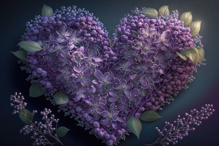Heart made of lilac flowers on dark background. 3D renderingの素材