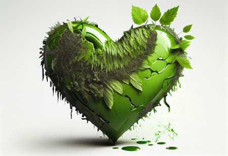 Heart made of green leaves with splashes. 3D illustration.の素材