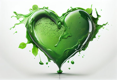 green paint splashing on white background with heart shape, love conceptの素材