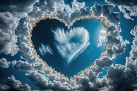 Heart of clouds in the blue sky. Valentine's day background.の素材