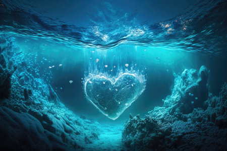 Heart underwater in the deep blue sea. 3d illustration. concept of loveの素材