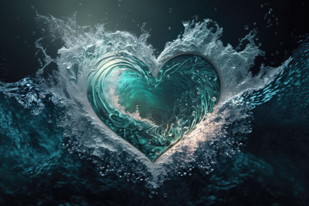 3D rendering of a heart in the water with splashes and wavesの素材