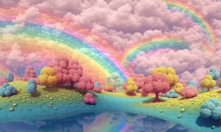 Rainbow over the forest in the clouds. 3D illustration.の素材