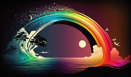 Vector illustration of a sunset over the sea with a silhouette of treesの素材