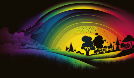 abstract landscape with trees and rainbow on black background, vector illustrationの素材