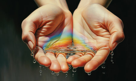 Hands of a young woman with a rainbow in her hands.の素材