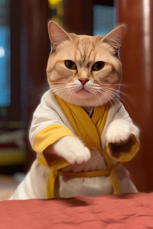 ginger cat in a yellow kimono stands on the bedの素材