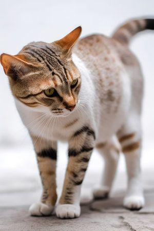 Beautiful cat walks on the street in winter. Selective focus.の素材
