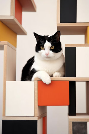 Black and white cat sitting on wooden shelf and looking at camera.の素材
