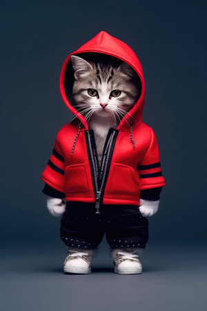 Funny cat in red hoodie and black pants on gray backgroundの素材