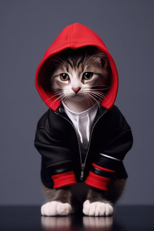 Studio portrait of a cute little cat wearing a red hoodie.の素材