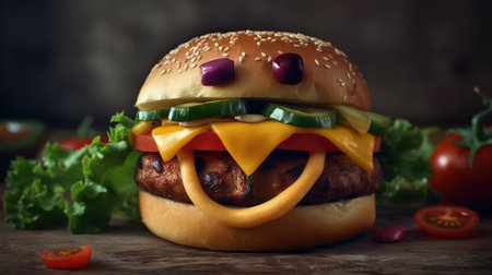 Cheeseburger with cheese, bacon and vegetables on wooden backgroundの素材