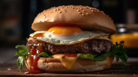 Delicious hamburger with fried egg on wooden table, closeupの素材