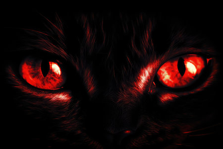 Red Eyes of a Cat on a Black Background, Close-upの素材