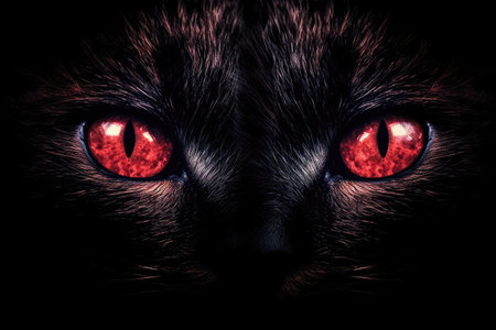 Portrait of a cat with red eyes on a black background.の素材