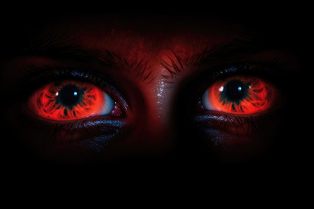 Close-up image of a woman's eyes with blood on her face.の素材