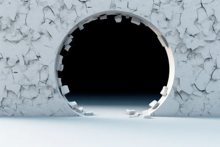 Abstract white background with hole in cracked wall. 3d render illustrationの素材