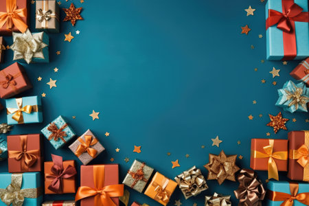 top view of colorful gift boxes on blue background with golden confettiの素材