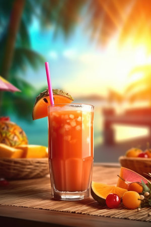 Glass of fresh orange juice with tropical fruits and palm trees on backgroundの素材