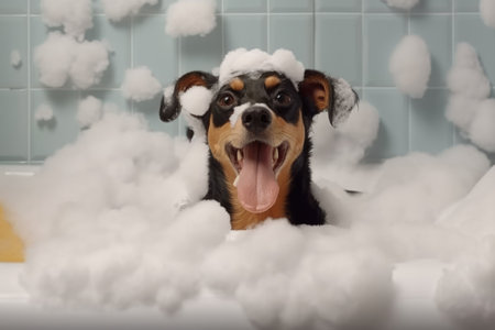 funny dog taking a bath in the bathtub with foam and bubblesの素材