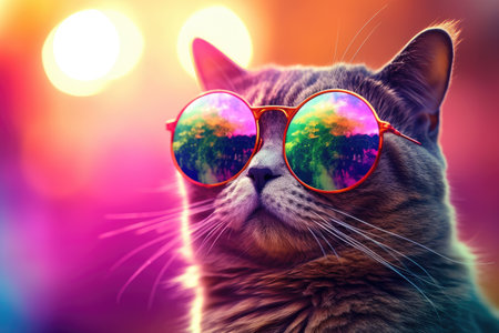 Portrait of a british cat with red sunglasses on the background of sunsetの素材