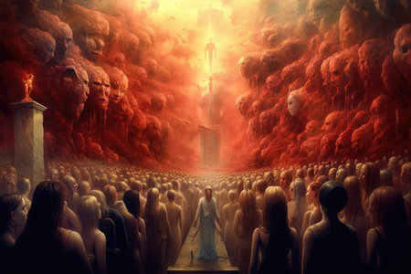 Crowd of people in front of a burning grave. 3D renderingの素材