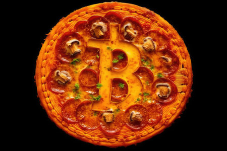 Pizza with cheese, mushrooms and salami on a black backgroundの素材