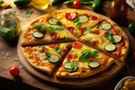 Pizza with tomatoes, cucumbers and mozzarella on wooden tableの素材