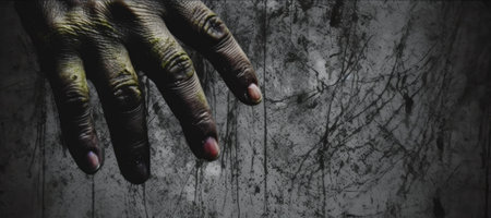 Zombie hand on grunge metal background. Horror Halloween concept.の素材